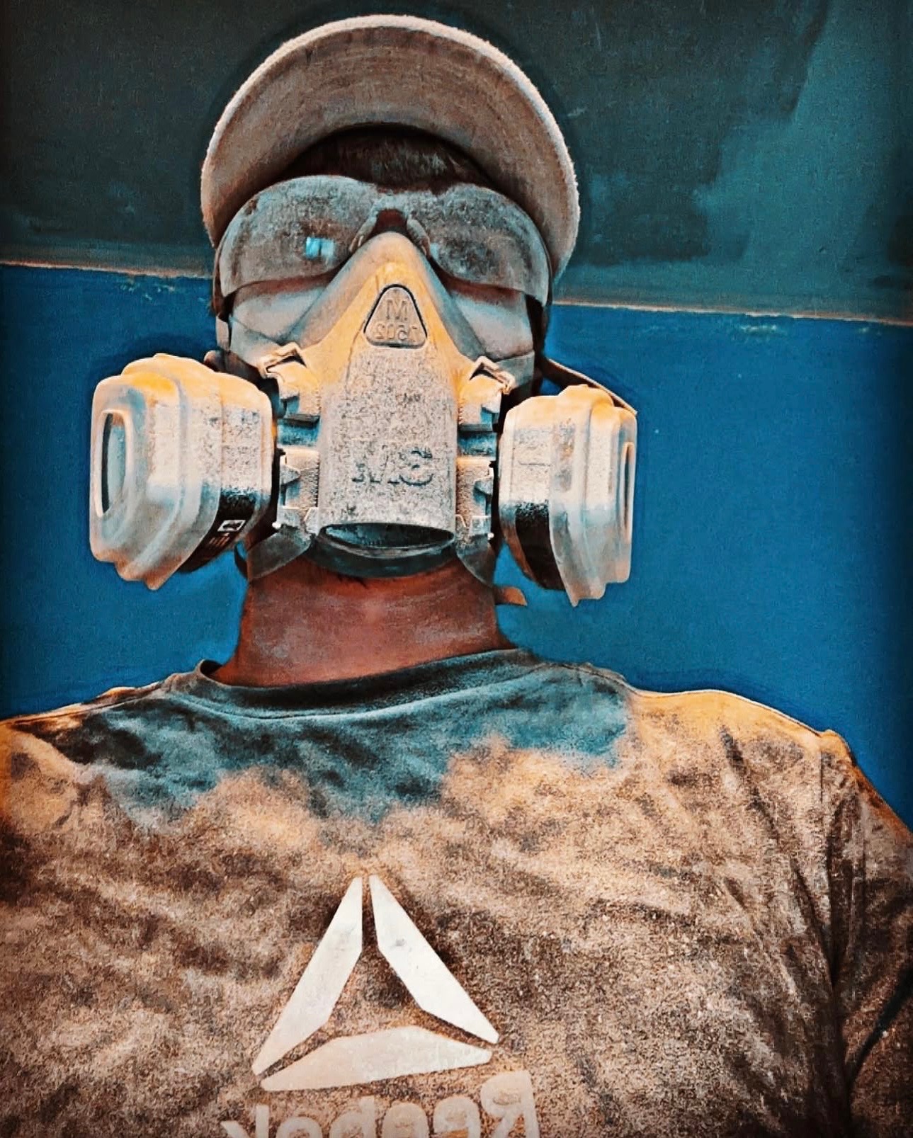 Doug in a respirator on the job, Doug, Lead at Summers Painting